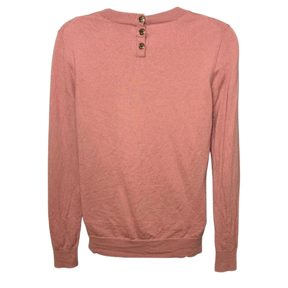 Tory Burch Crewneck Sweater Dusty Rose Pink Button Back Womens Medium Logo